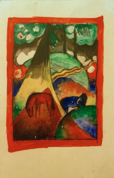 Rød og blå hest i landskap av Franz Marc