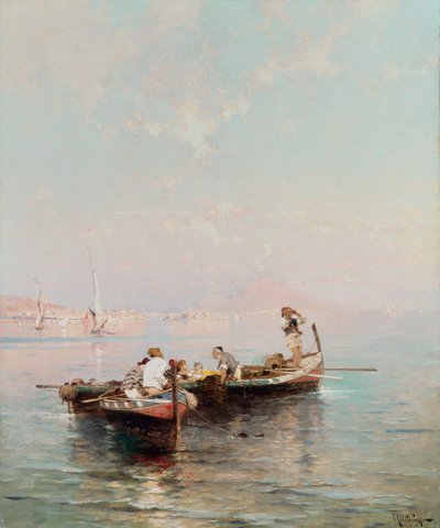Fiskebåt i Napolibukta (olje på lerret) av Franz Richard Unterberger