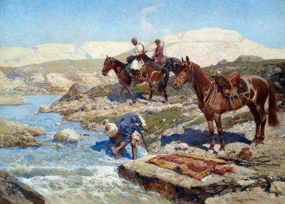 Tsjerkessiske ryttere krysser elven av Franz Roubaud