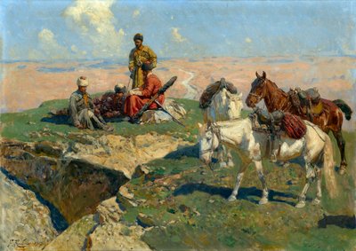 Stoppet til de kaukasiske krigerne - Maleri av Franz Roubaud (1856-1928) av Franz Roubaud