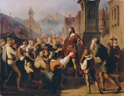 Hertug Friedrich IV, forkledd som en minstrel, åpenbarer seg for sine trofaste tyrolere..., 1851. av Franz Schams