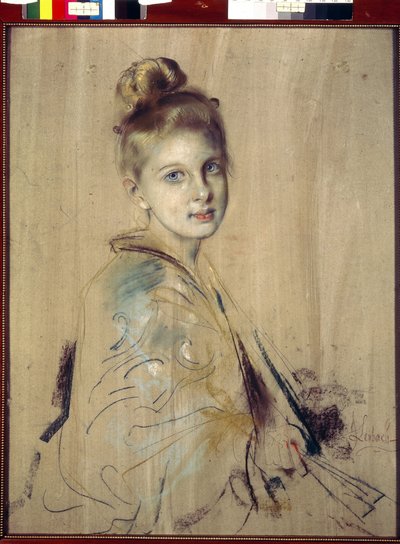 Ung jente med en fan (Girl With A Fan). Verk av Franz von Lenbach (1836-1904), pastell på papp, rundt 1880. Tysk kunst fra 1800-tallet. State Hermitage, St. Petersburg. av Franz Seraph von Lenbach