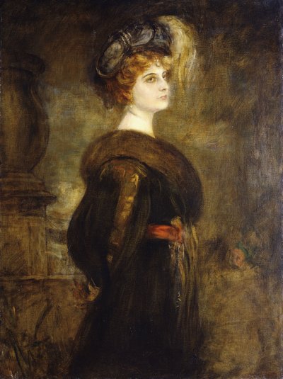Portrett av en dame, stående trekvart lengde, av Franz Seraph von Lenbach
