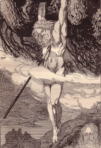 Odin henger på verdenstreet. Illustrasjon for The Edda: Germanic Gods and Heroes av Hans von Wo av Franz Stassen