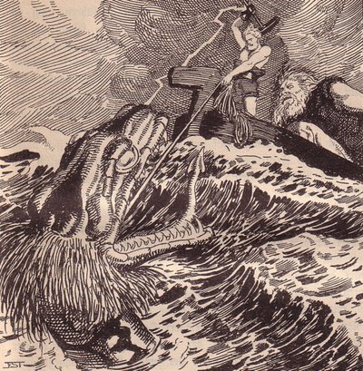 Thor og Hymir Fiske. Illustrasjon til The Edda: Germanic Gods and Heroes av Hans von Wolzogen av Franz Stassen