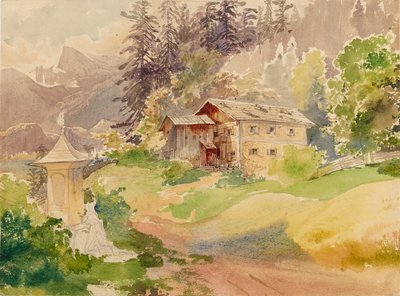 Alpinlandskap med våningshus og kvinne foran et helligdom av Franz Steinfeld
