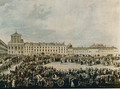 Ludwig van Beethovens begravelsesprosesjon i 1827 fra Schwarzspanierhaus til Treenighetskirken i Alsergasse, Wien (akvarell) av Franz Stober