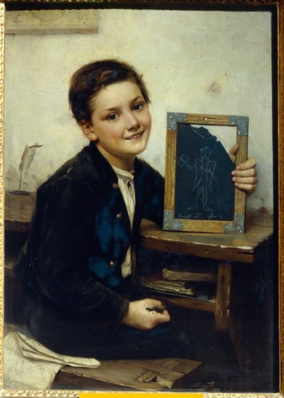 Ecolier (skolegutt) - Maleri av Franz Thone (1851-1906), olje på tre, 50x38 cm av Franz Thone