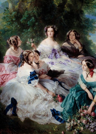 Impress Eugenie (1826-1920) i 1855 omgir æresdamene i Detail Palace, som representerer prinsessen av Essling, baronessen av steiner, viscountessen Lezay-Marnesia, keiseren på toppen i hvitt og markisen av Montebello på de av Franz Xaver Winterhalter