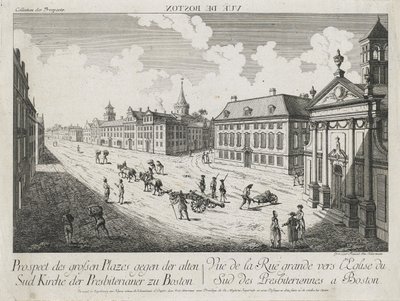 Vue d’Optique/Prospect des grossen Plasser der Alten Sud Kirche der Presbiterianer zu Boston (Optisk utsikt/utsikt over de store plassene mot Old South Presbyterian Church i Boston), ca. 1776 (etsing og gravering, ufarget på lagt papir) av Franz Xavier Habermann