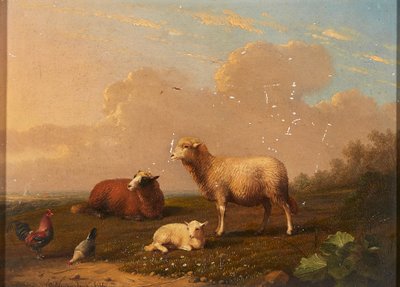 Sauer og kyllinger i en eng (olje på panel) av Franz van Severdonck