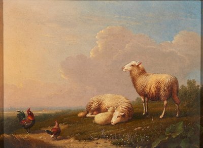 Sauer og kyllinger i en eng (olje på panel) av Franz van Severdonck