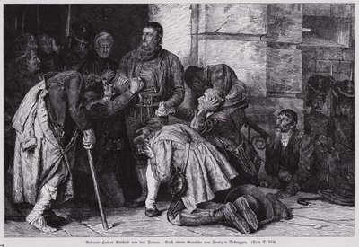 Andreas Hofer, leder av det tyrolske opprøret mot fransk og bayersk okkupasjon, tok farvel med sine tilhengere før han ble ført til Mantua for hans henrettelse av Franz von (after) Defregger