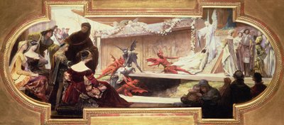 Skisse for et takmaleri som viser en scene fra en serie om teaterhistorien av Franz von Matsch