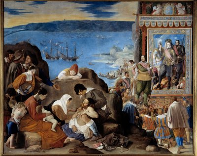 Allegori om overtakelsen av Salvador de Bahia (Brasil) av en portugisisk, spansk og indisk hær kommandert av Fadrique Alvarez de Toledo y Mendoza (1580-1634) 1. mai 1625 (gjenerobringen av Bahia i Brasil) - Venstre: lidelsene til ofrene - Høyre: Gen av Fray Juan Batista Maino or Mayno