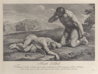 Adam kneler i sorg ved siden av kroppen til Abel, mens Kain flykter i bakgrunnen, ca. ..., ca. 1729. av Frédéric Horthemels