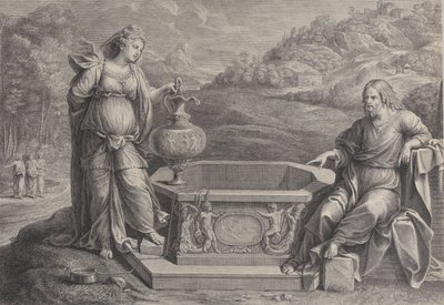 Kristus, som sitter til høyre, og kvinnen fra Samaria, som står til venstre, ca. 1729. av Frédéric Horthemels