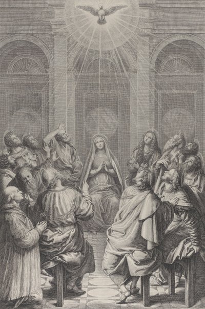Pinsen, med apostlene og jomfruen sittende i en sirkel, Den Hellige Ånd ap..., 1729-40. av Frédéric Horthemels