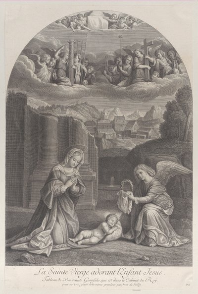 Jomfru Maria som tilber Kristusbarnet, en engel som holder en tornekrone til høyre,..., ca. 1729. av Frédéric Horthemels