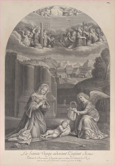 Jomfru Maria som tilber Kristusbarnet, en engel som holder en tornekrone til høyre,..., ca. 1729. av Frédéric Horthemels