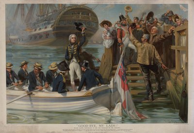 Nelson forlater Portsmouth for å seile til Trafalgar on the Victory (chromolitho) av Fred Roe