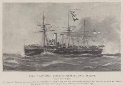 HMS Amphion, rapportert strandet nær Antigua av Fred T. Jane