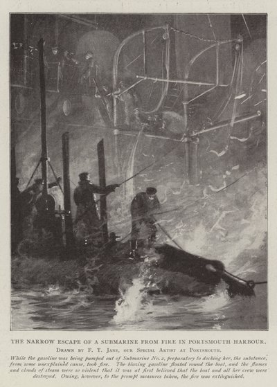 Den smale rømningen av en ubåt fra brann i Portsmouth havn av Fred T. Jane
