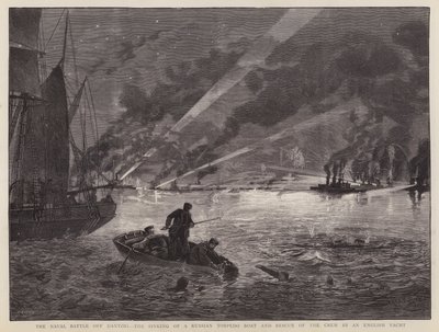 Sjøslaget ved Dantzig: senkingen av en russisk torpedobåt og redning av mannskapet av en engelsk yacht (litho) av Fred T. Jane