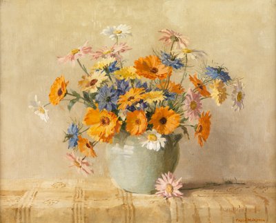 Love-in-a-Mist, Marigold, Oxeye Daisies (Olje på lerret) av Freda Marston