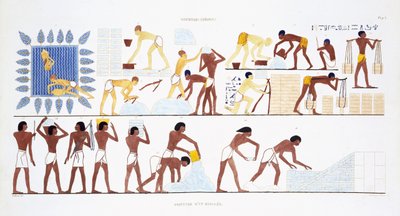 Brick-Making, fra en sjelden registrering av fresker fra Theben, registrert 1819-1822 på sitt andre besøk i Egypt av Frederic Cailliaud (1787-1869), farge litho av Frederic (after) Cailliaud