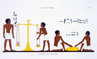 Rituals of Death (emne uklart), fra en sjelden registrering av fresker fra Theben, registrert 1819-1822 på sitt andre besøk i Egypt av Frederic Cailliaud (1787-1869) (farge litho) av Frederic (after) Cailliaud