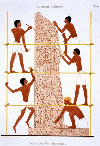 Steinhuggere lager kolossal statue av farao, fra en sjelden opptegnelse av fresker fra Theben, registrert 1819-1822 på sitt andre besøk i Egypt av Frederic (after) Cailliaud