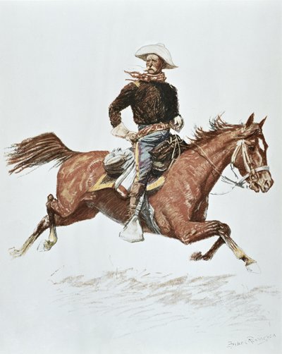 Amerikansk kavalerioffiser i kampanjedrakt fra 1870-tallet (litho-farge) av Frederic (after) Remington