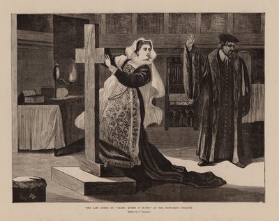 Den siste scenen i «Marry, Queen O#39; Scots» på Princess#39; Theatre (gravering) av Frederic (after) Villiers