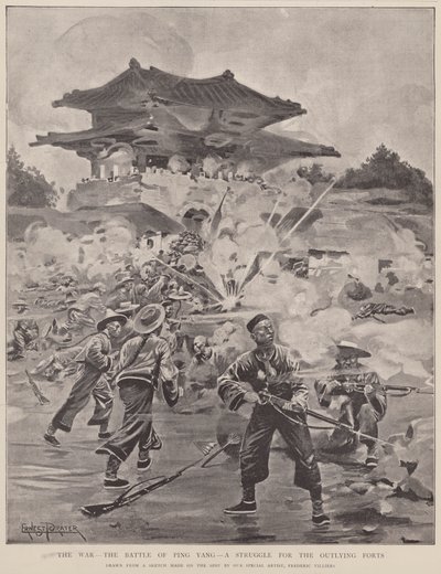 Krigen, slaget ved Ping Yang, en kamp om de ytre fortene (litografi) av Frederic (after) Villiers