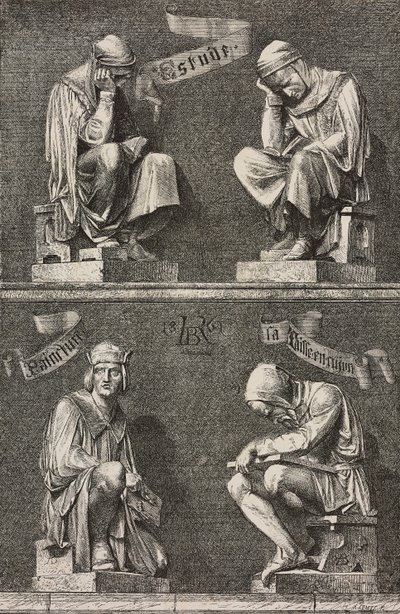 Allegory of Study, dekorative figurer ved foten av statuen av Martin Schongauer laget av Auguste Bartholdi (1834-1904) for klosteret Unterlinden, Colmar, Frankrike av Frederic Auguste Bartholdi