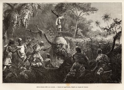 Abd es Samate, venn og løytnant av Mounza, kongen av Mombuttous, utfordrer fiendene sine Zandes (eller niam niam) som erklærte krig til dem, gravering etter tegningen av Laguillermie, som illustrerer en reise til hjertet av Afrika, i 1868- 1871, av av Frederic Auguste Laguillermie