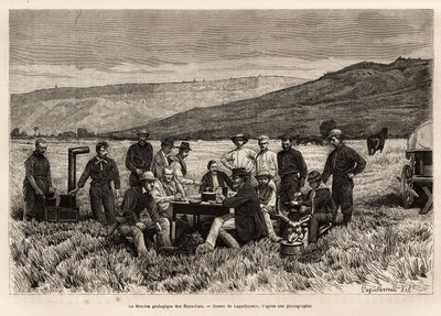 Det geologiske oppdraget til USA er ungt på sletten, etset etter tegningen av Laguillermie, som illustrerer et sett med geografiske oppdrag gjennom USAs nasjonalpark, fra 1870 til 1872, av herrene Hayden, Doane og Langford, publ. av Frederic Auguste Laguillermie