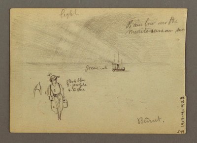 Tegning, slott ved vann, båt, trær, muligens 1868 av Frederic Edwin Church