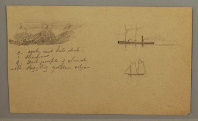 Tegning, skystudie, dampskip, seilbåt, muligens 1865–66 av Frederic Edwin Church