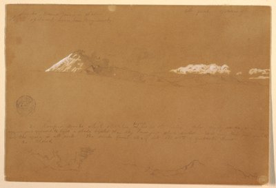Tegning, Cotapaxi, morgen, fra Soltempelet, Quito, Ecuador, 24. juni 1857 av Frederic Edwin Church