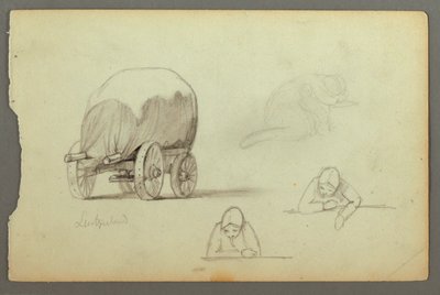 Tegning, overbygd vogn, tre studier av en kvinne, muligens 1868 av Frederic Edwin Church