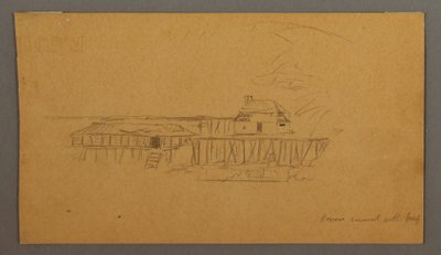 Tegning, Hus og brygge, muligens 1859 av Frederic Edwin Church