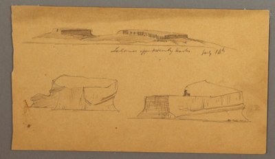 Tegning, øy utenfor Henly havn og to flytende isfjell, 16. juli 1859 av Frederic Edwin Church