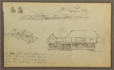 Tegning, Landskap, Tretopper, hus, 1857 av Frederic Edwin Church