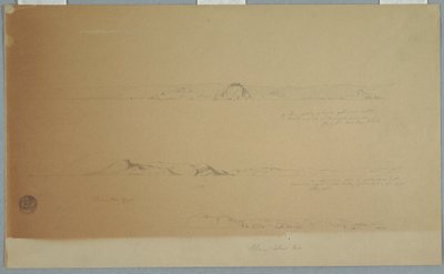 Tegning, landskap nær Fogo Island, Brimstone, Head, Change Island Rocks, 2. juli 1869 av Frederic Edwin Church