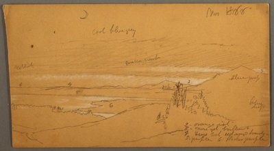 Tegning, elv gjennom fjelldal med himmel og halvmåne, november 1866 av Frederic Edwin Church