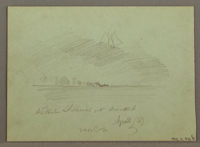 Tegning, Steiner foran kystlinjen, Steinete klipper ved kystlinjen, april 1869 av Frederic Edwin Church