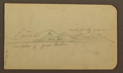 Tegning, forreven fjell over en slette; Verso: Figurer, landskap, 12. desember 1884 av Frederic Edwin Church