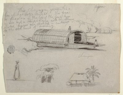 Tegning, skisser fra Columbia - River Craft (Chapman), a Woman, Group of Trees, a House av Frederic Edwin Church